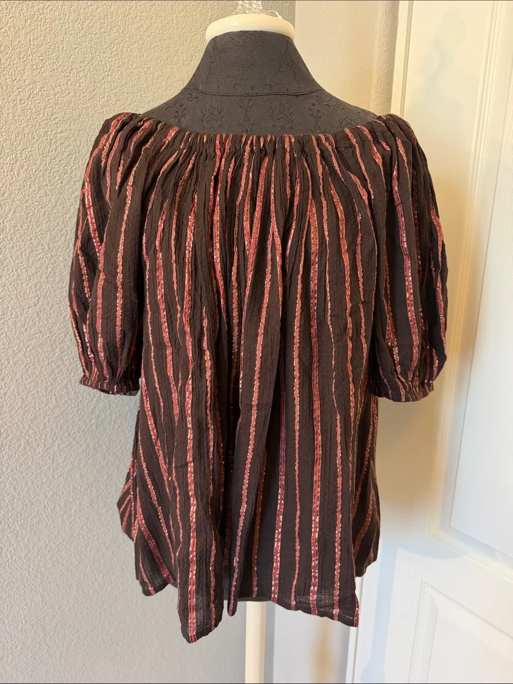 Ulla Johnson Alessia Top Chocolate Blouse with Rust-Pink Metallic Stripes Size 4